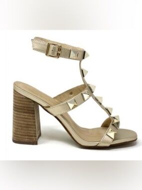 SHU SHOP: STRAPPY STUD HEELS/BEIGE/BLOCK HEEL/SIZE 6.5 (Runs as 7 - 7.5)